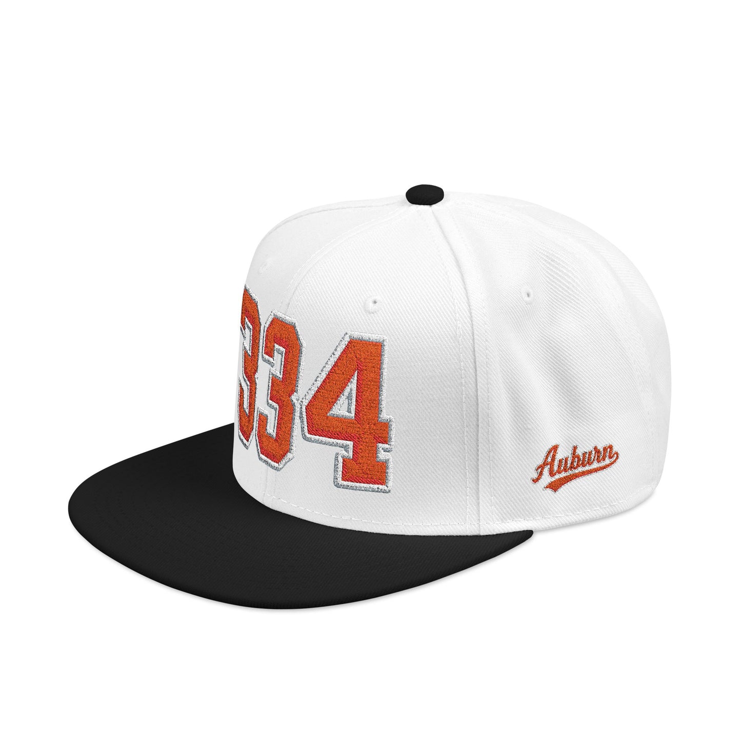 White and black cap with orange and white '334' and 'Auburn' on a white background