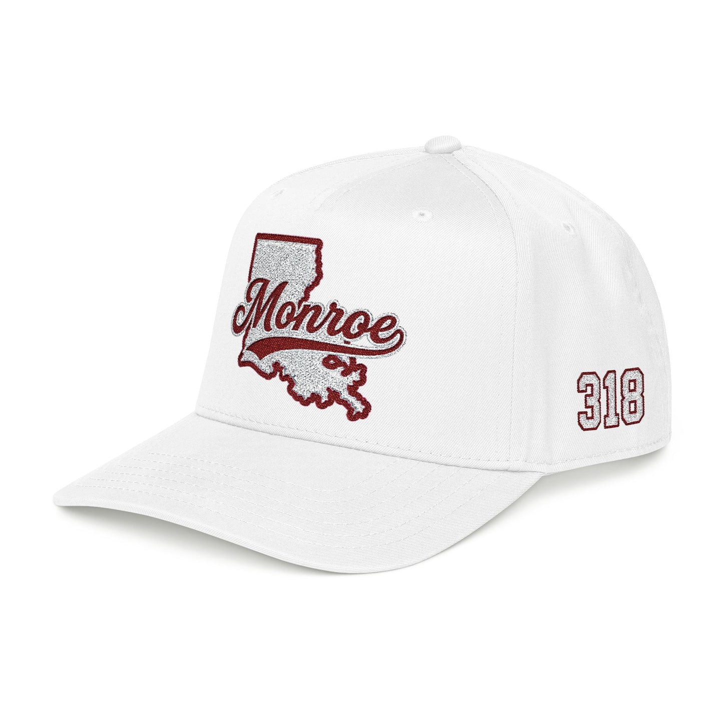 Monroe Louisiana Script & State Outline in Maroon & White Cap