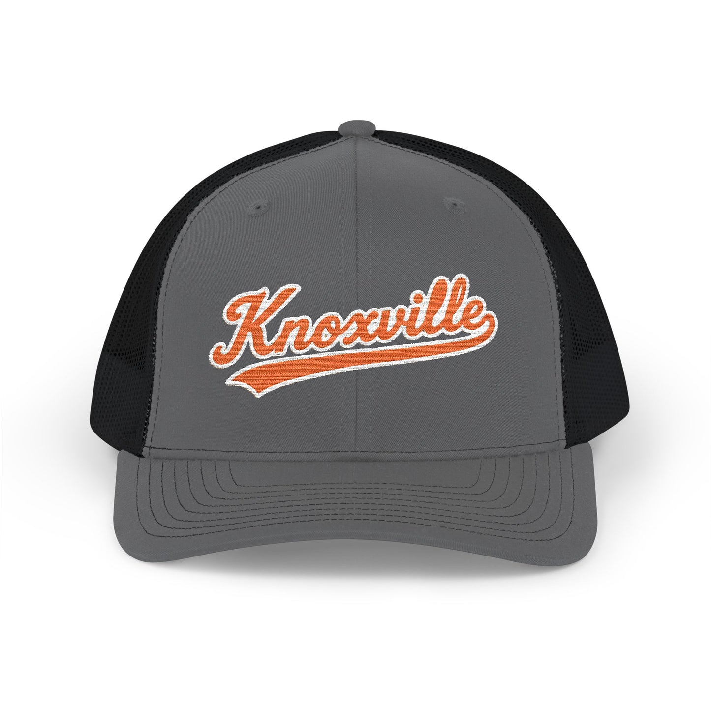 Gray and black trucker hat with 'Knoxville' in orange on a white background