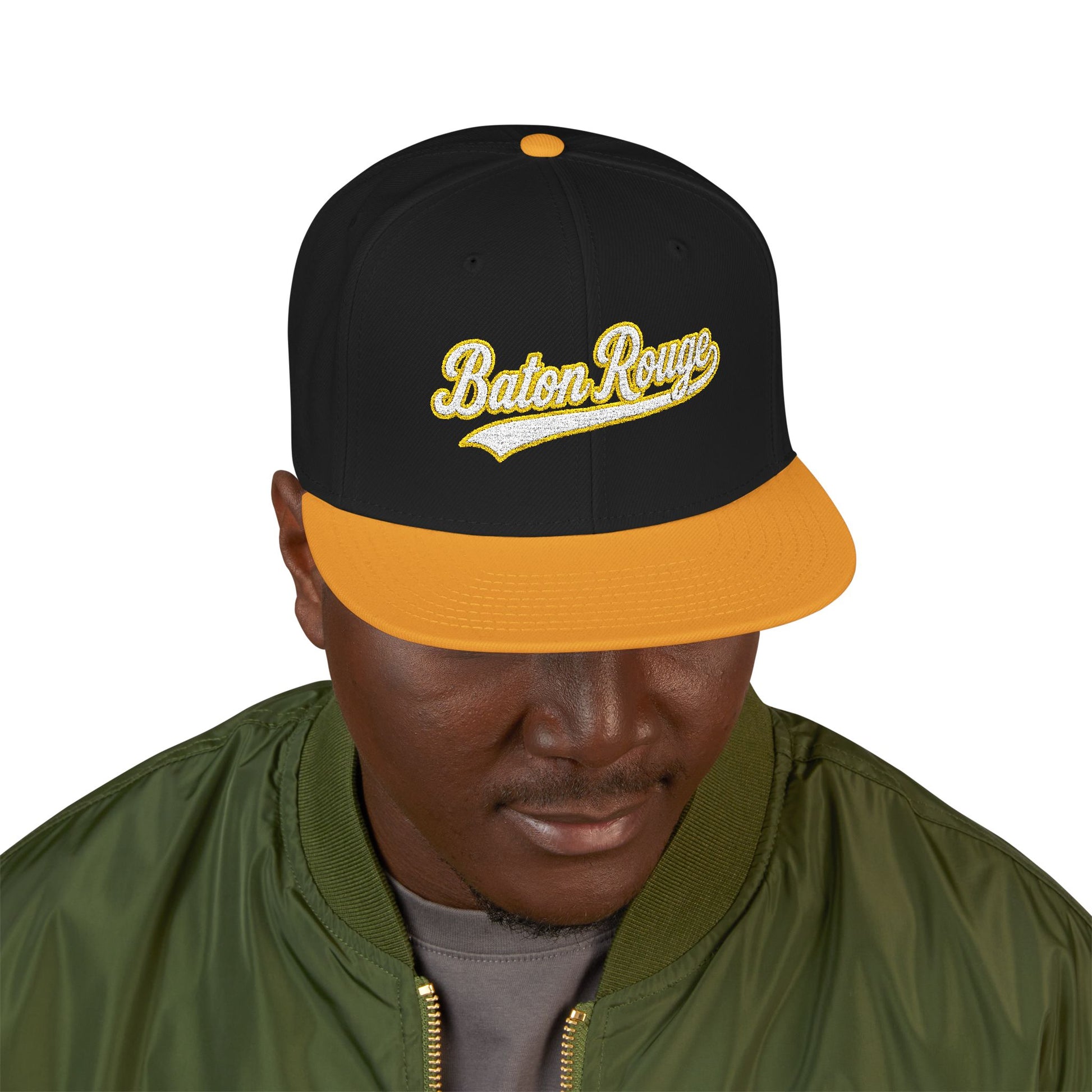 Baton Rouge white script embroidered snapback hat with 225 side stitch – 318 Supply Co.