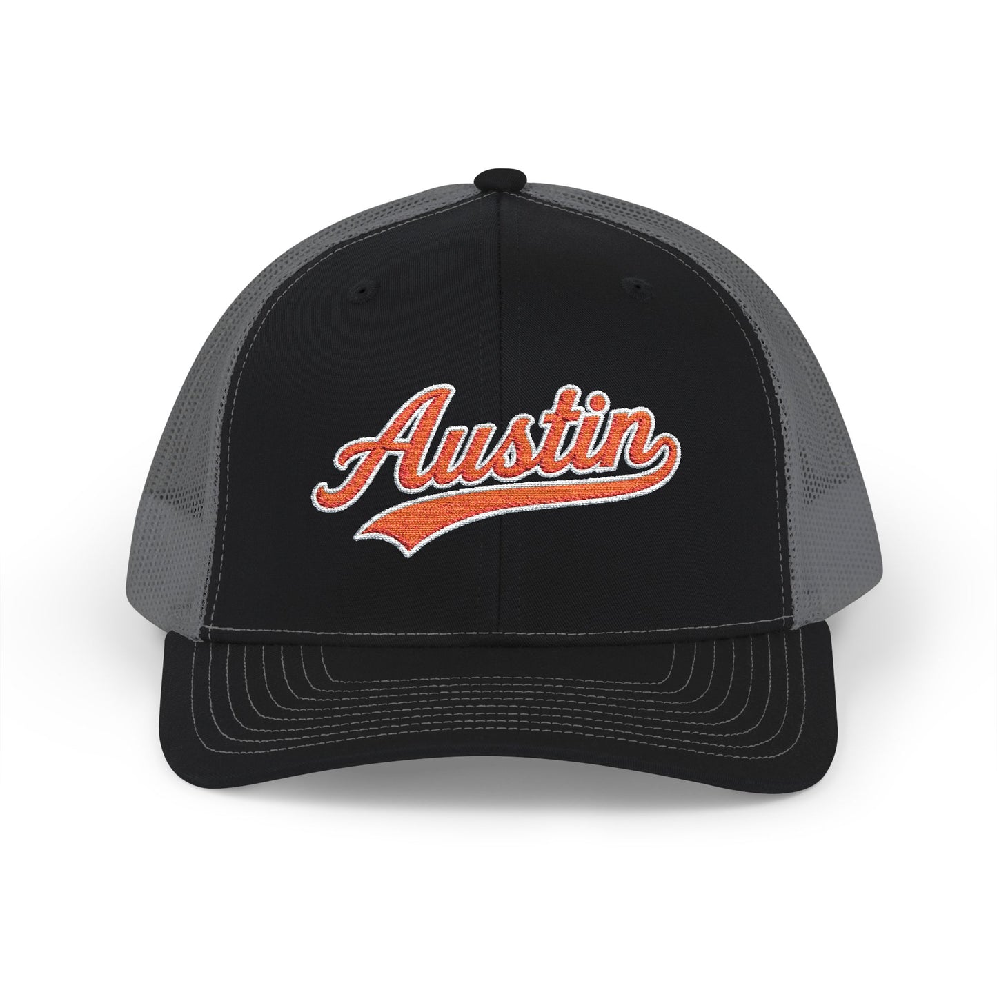 Austin Orange Script Trucker Cap — Retro Embroidered Snapback Hat