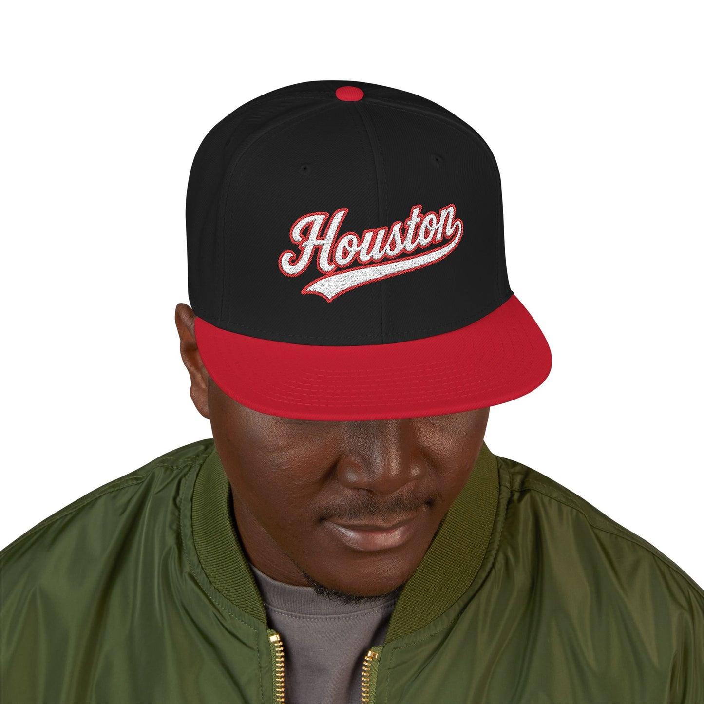 Houston white script embroidered snapback hat with 713 side stitch – 318 Supply Co.