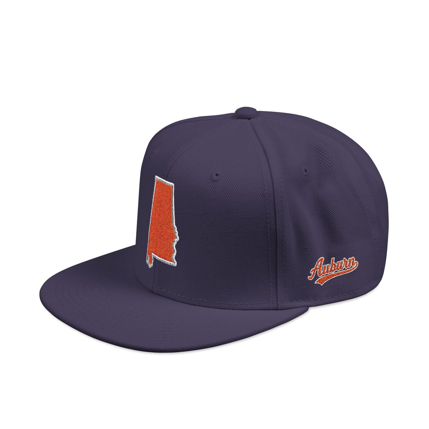Navy blue cap with orange embroidered state of Alabama outline snapback — side view  