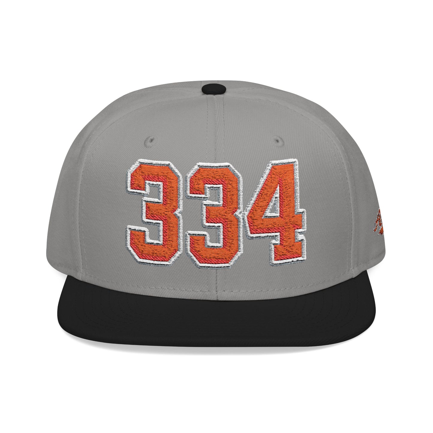 Gray and black cap with orange and white '334' on a white background