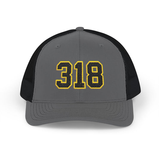 318 Trucker Cap — Black & Gold Embroidered Mesh Snapback Hat