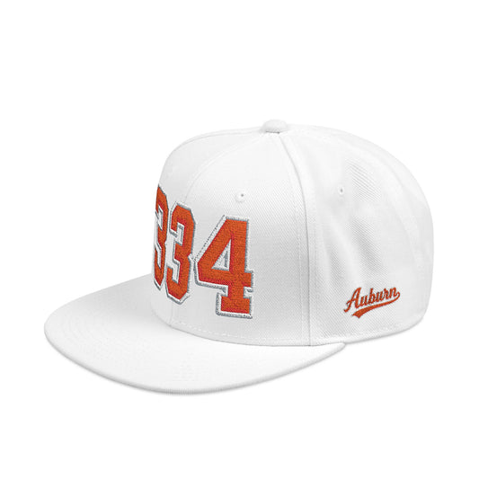 White cap with orange text '334' and 'Auburn' on a white background