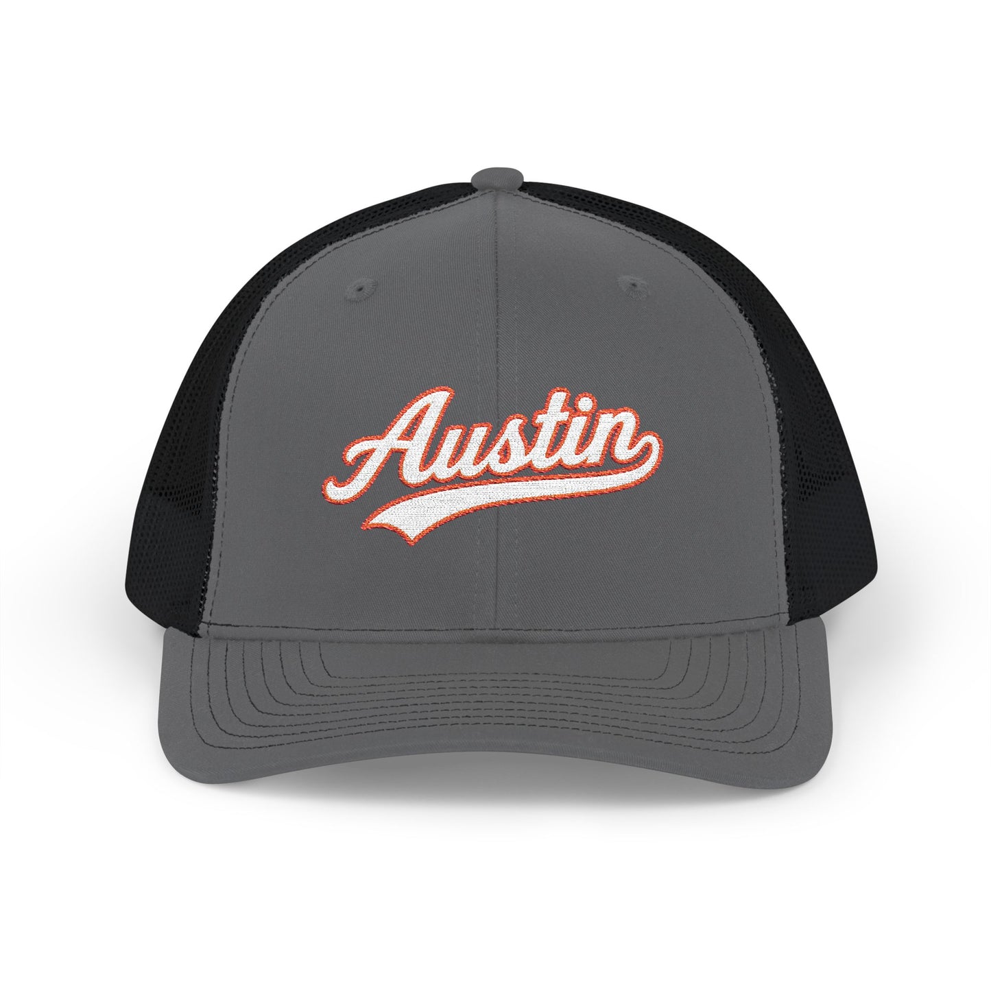 Austin white script retro embroidered trucker cap – 318 Supply Co.