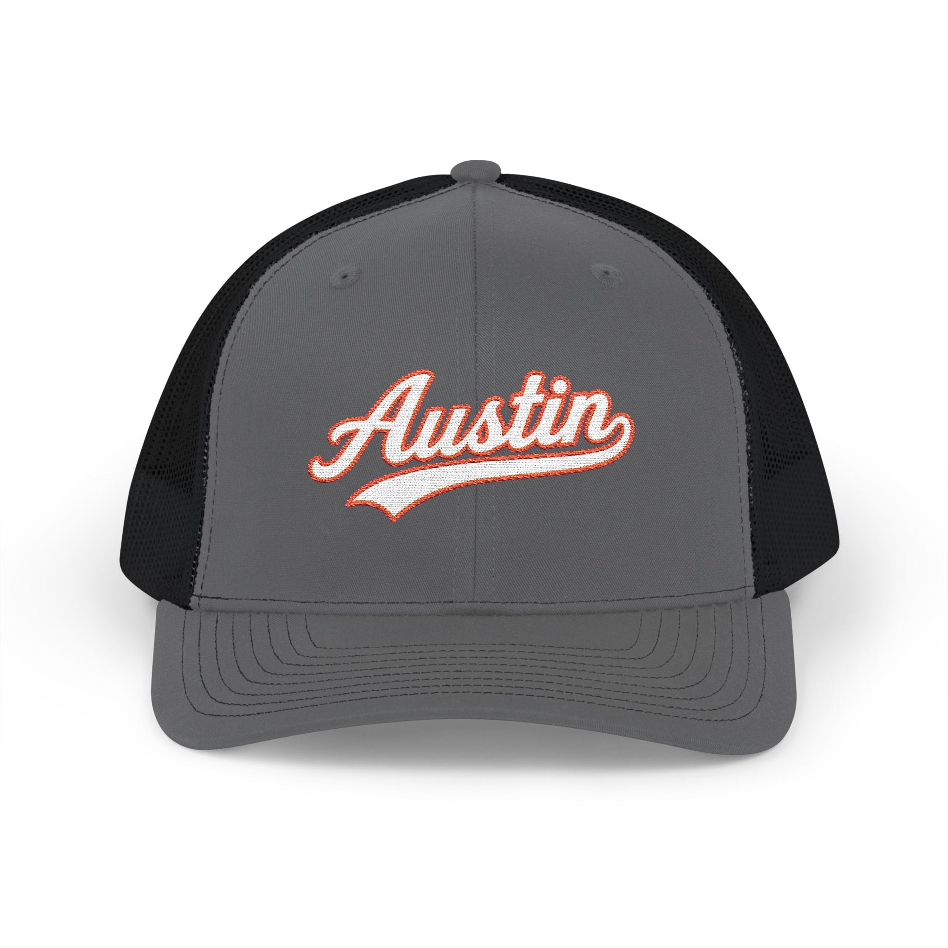 Austin white script retro embroidered trucker cap – 318 Supply Co.