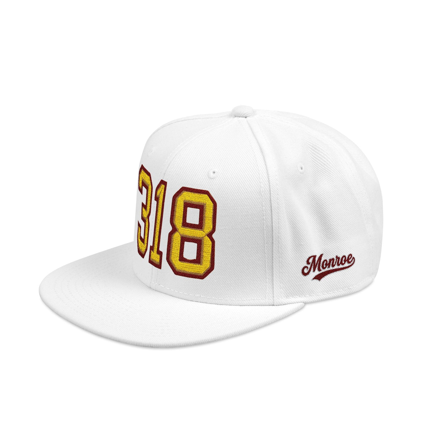 White cap with '318' in gold and 'Monroe' in maroon on a white background