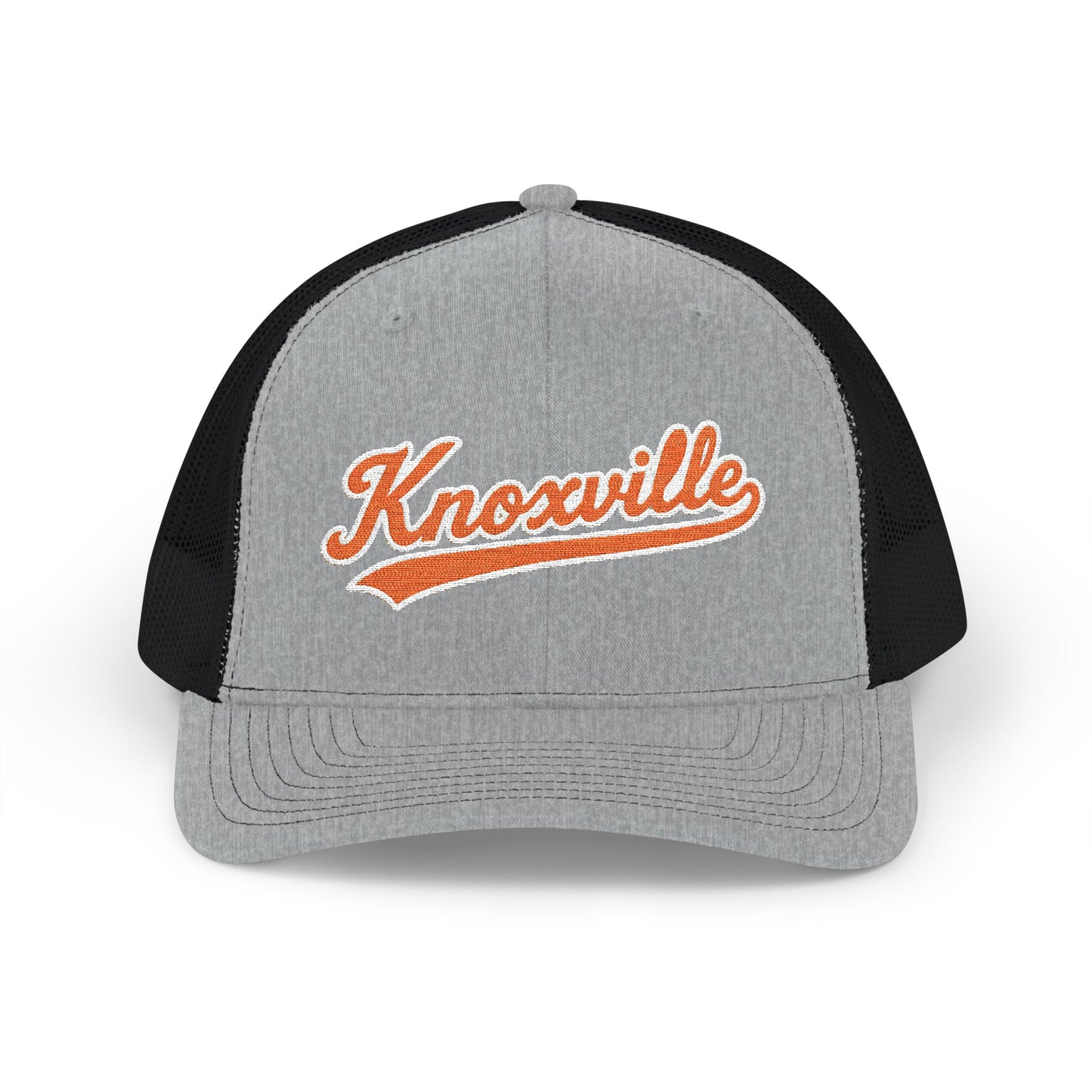 Gray and black trucker hat with 'Knoxville' in orange on a white background