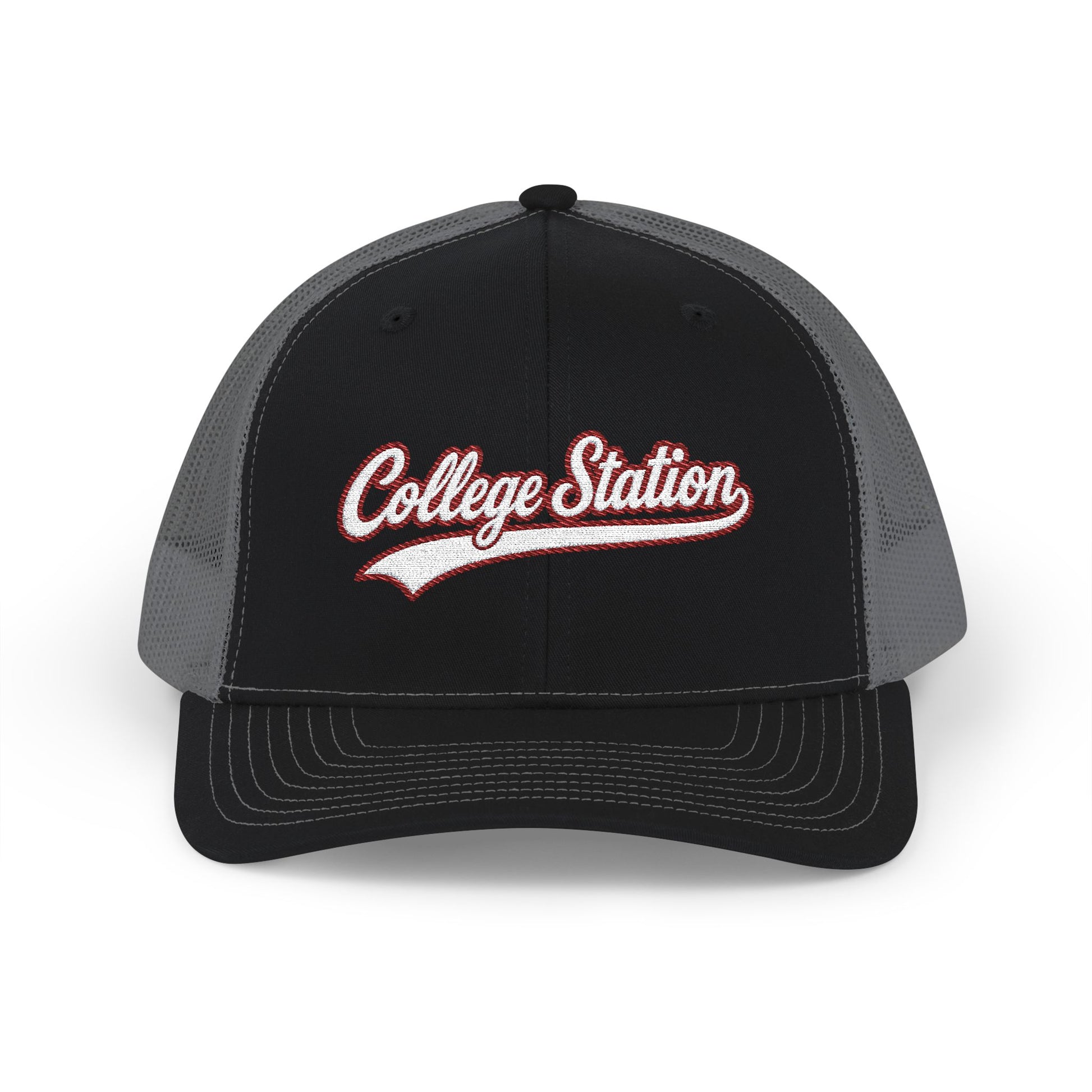 College Station white script retro embroidered trucker cap – 318 Supply Co.