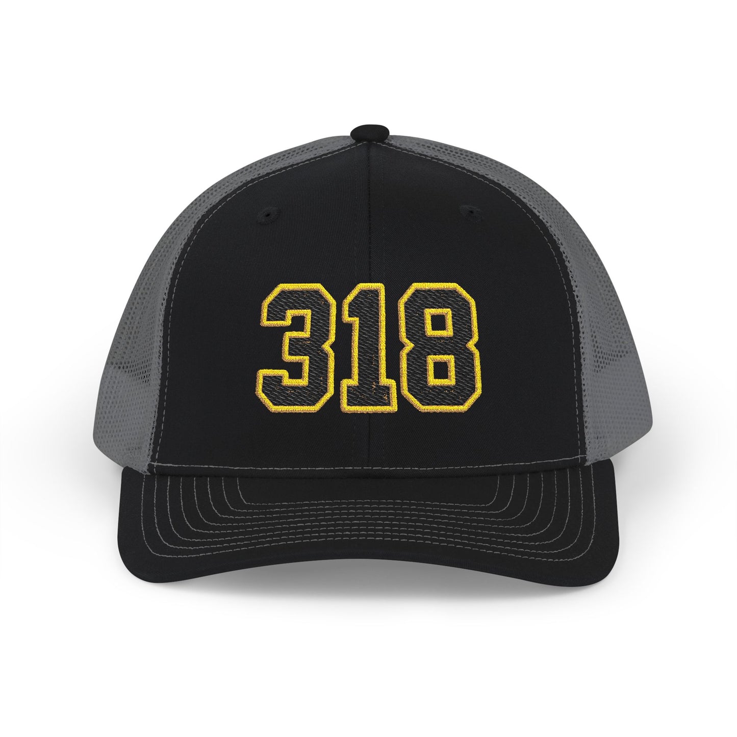 318 Trucker Cap — Black & Gold Embroidered Mesh Snapback Hat
