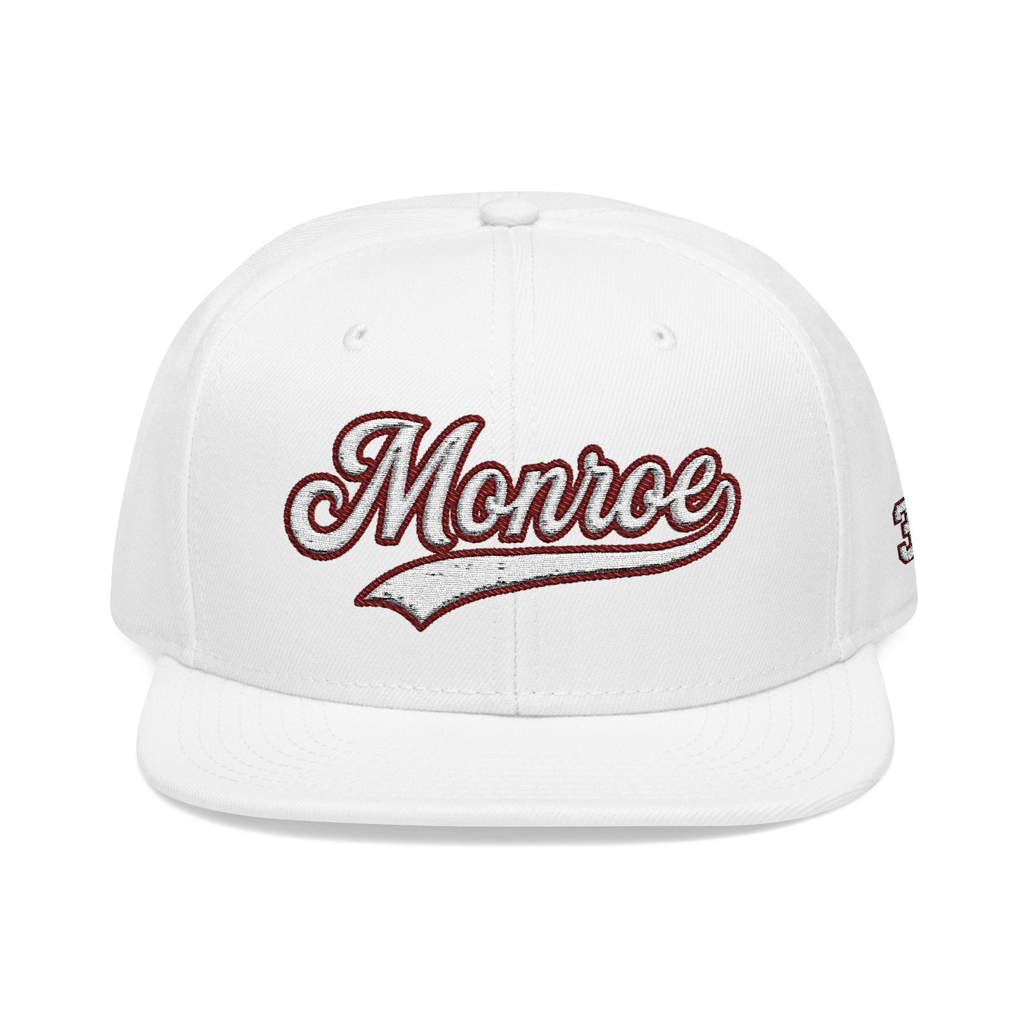Monroe white script embroidered snapback hat with 318 side stitch – 318 Supply Co.