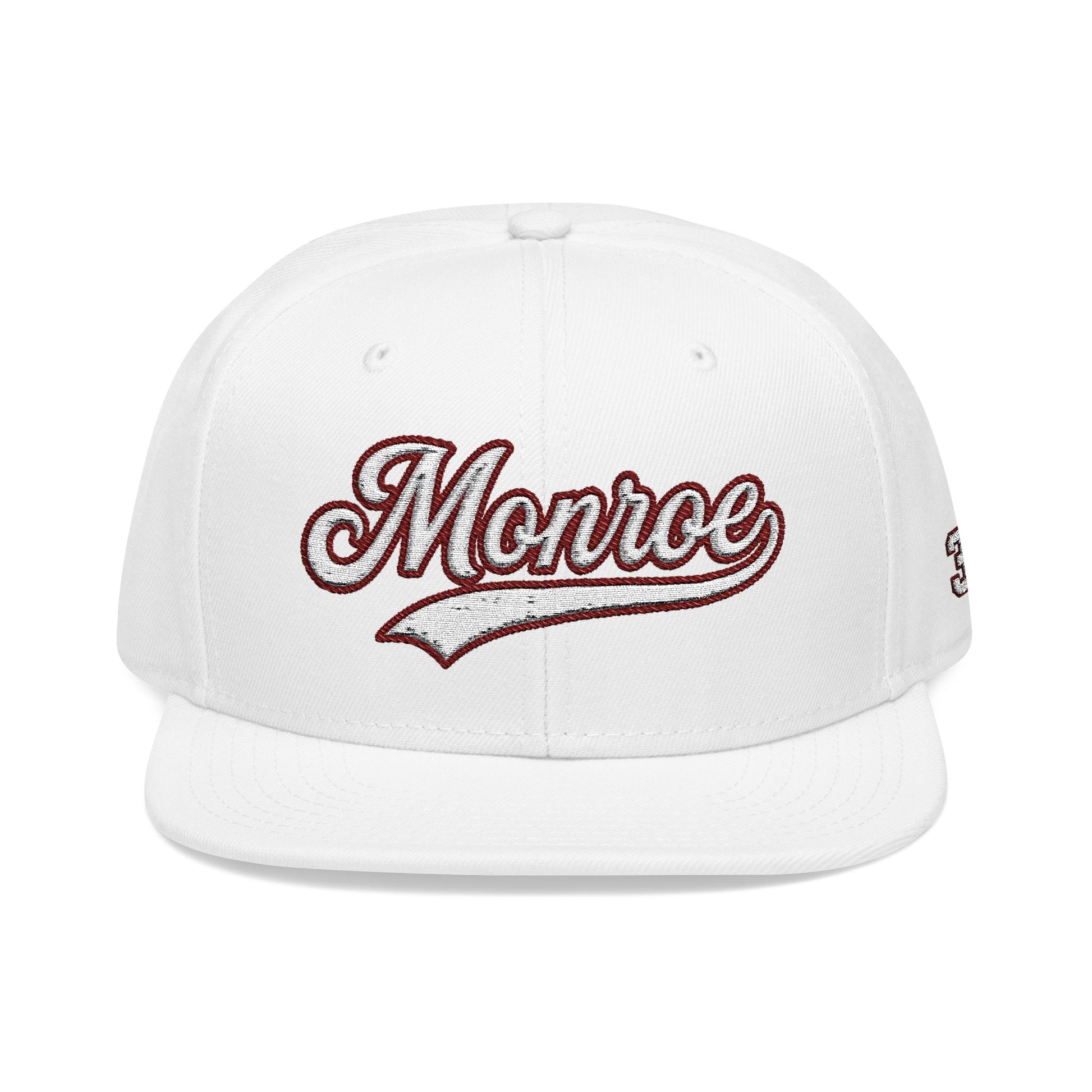 Monroe white script embroidered snapback hat with 318 side stitch – 318 Supply Co.