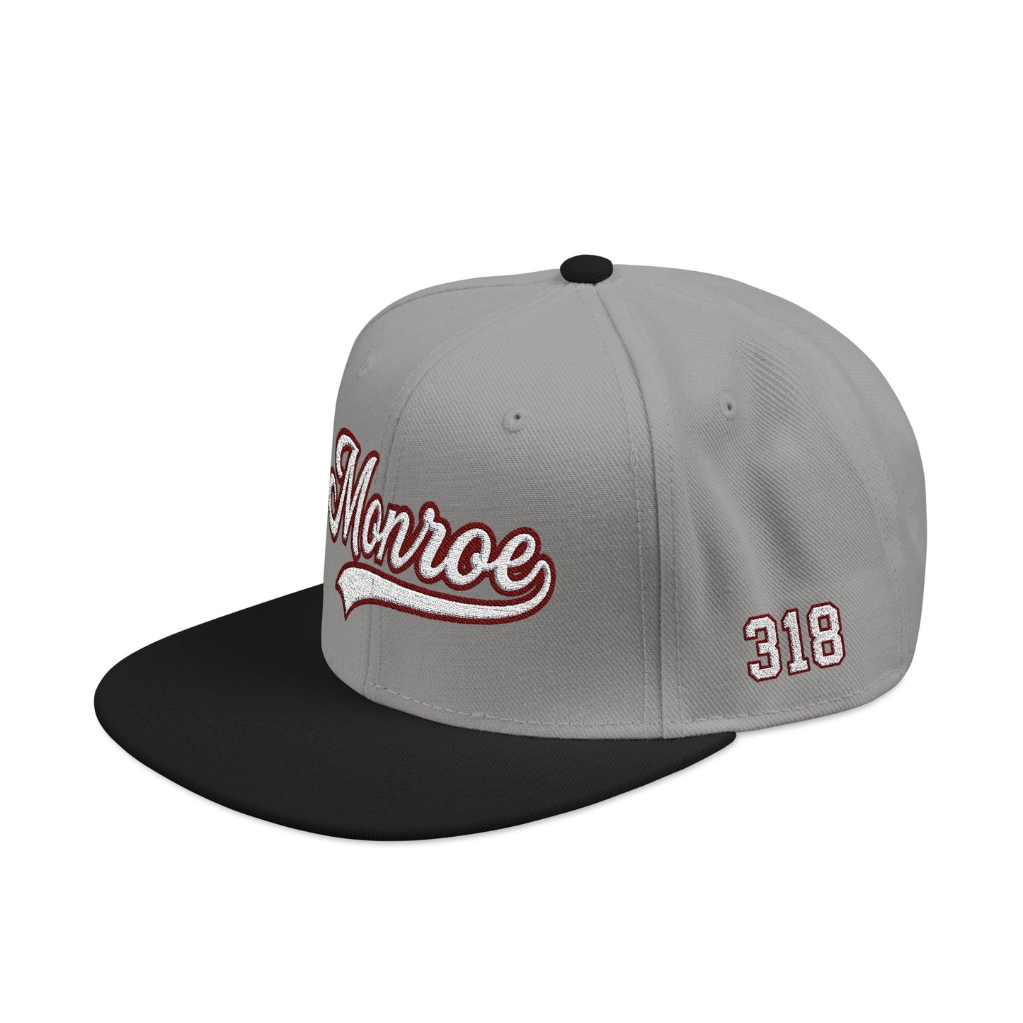 Monroe white script embroidered snapback hat with 318 side stitch – 318 Supply Co.