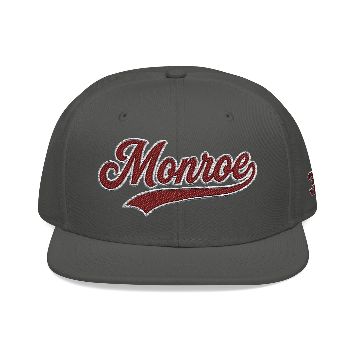 Embroidered Snapback Cap — 'Munroe' Maroon Script with 318 Side Stitch