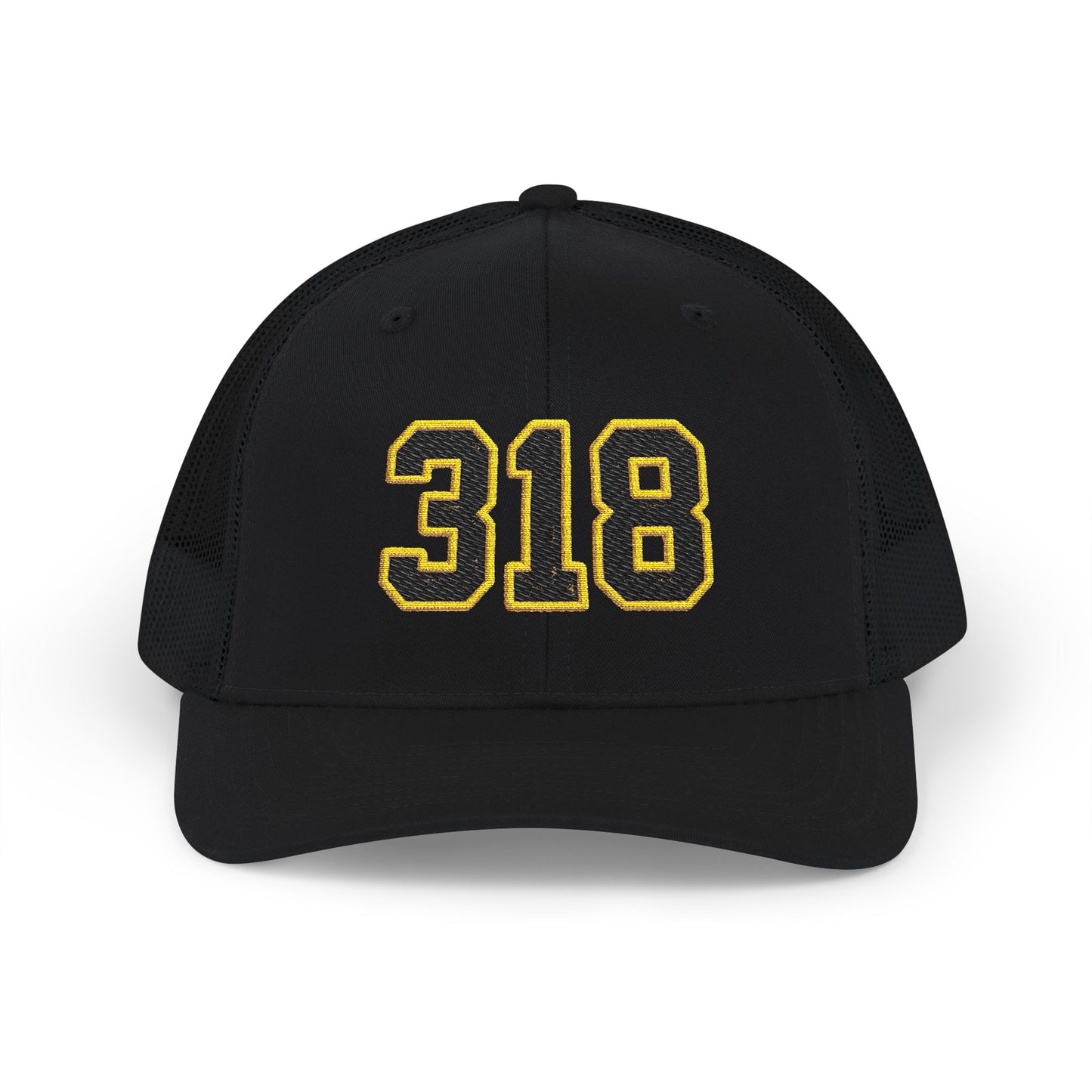 318 Trucker Cap — Black & Gold Embroidered Mesh Snapback Hat