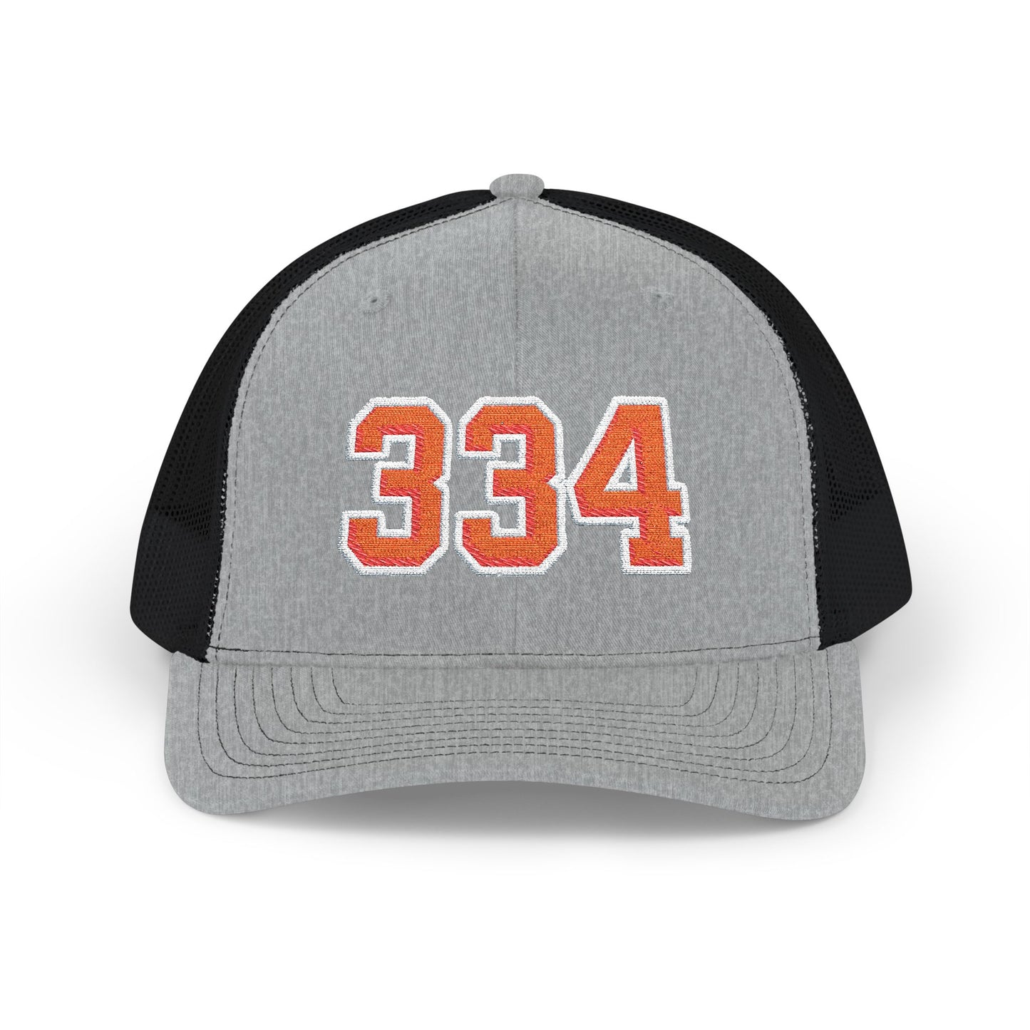 Gray and black cap with orange numbers '334' on a white background