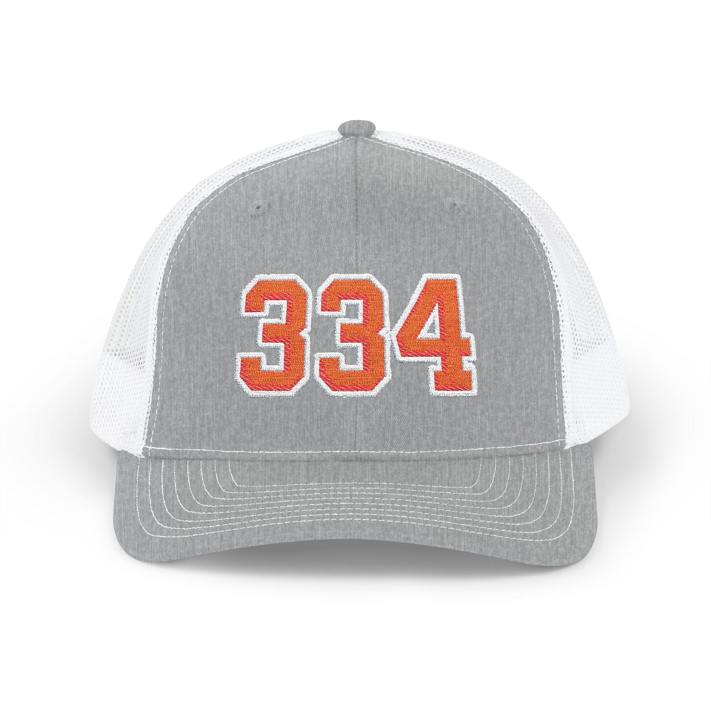 Gray and white cap with orange numbers '334' on a white background