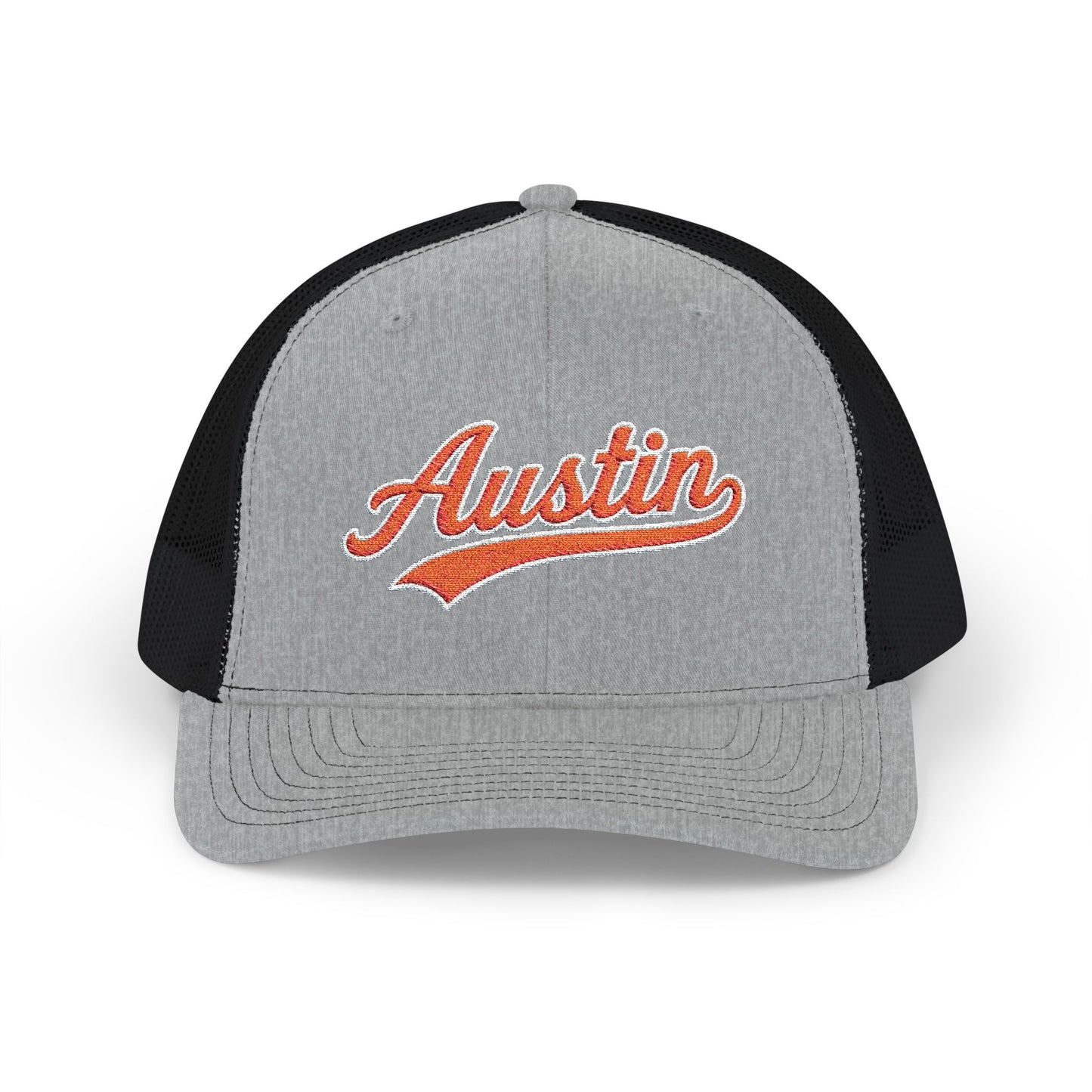 Austin Orange Script Trucker Cap — Retro Embroidered Snapback Hat
