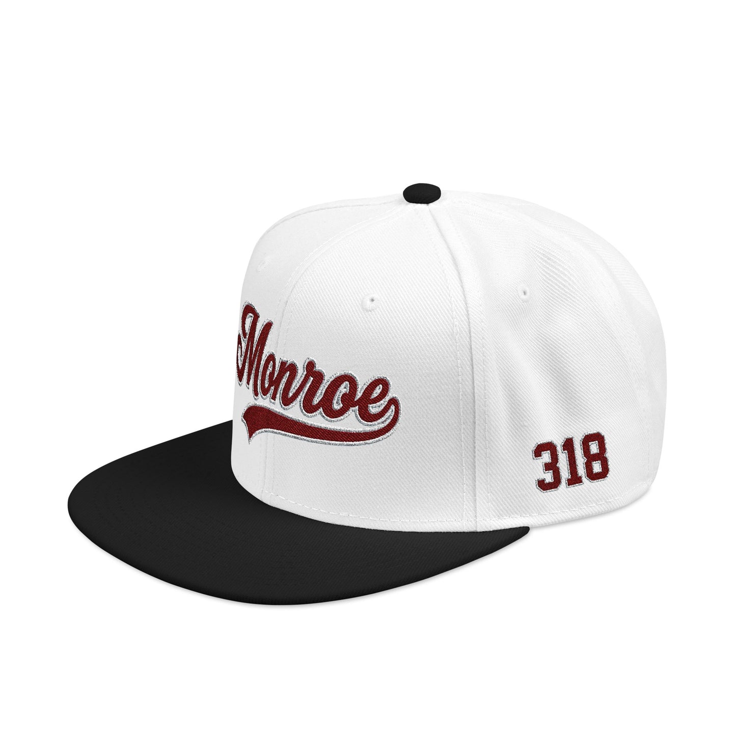 Embroidered Snapback Cap — 'Munroe' Maroon Script with 318 Side Stitch