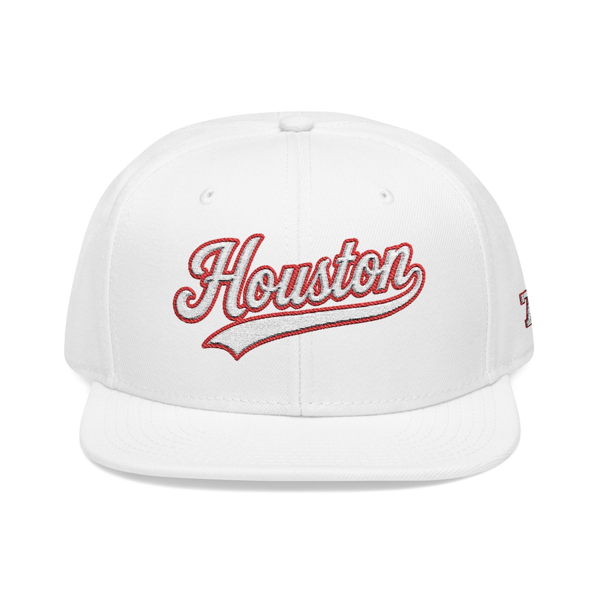 Houston white script embroidered snapback hat with 713 side stitch – 318 Supply Co.