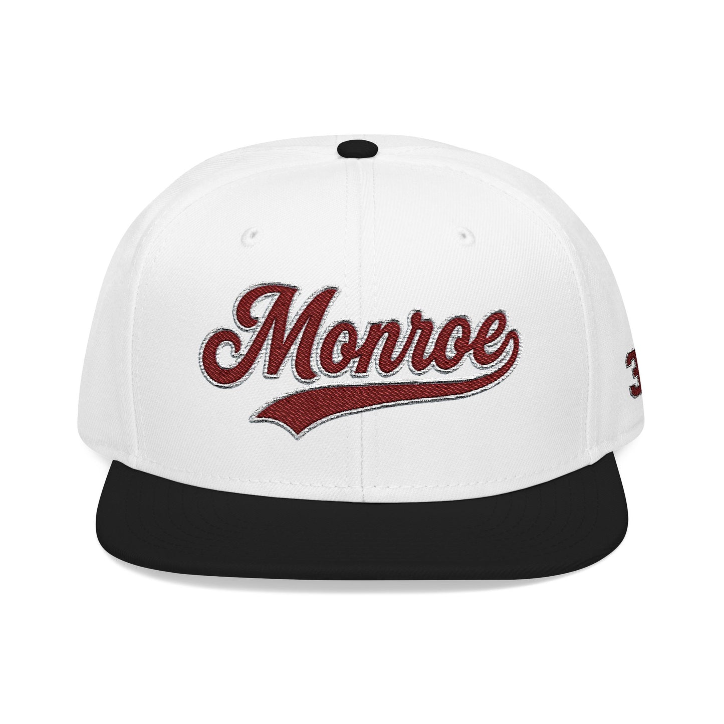 Embroidered Snapback Cap — 'Munroe' Maroon Script with 318 Side Stitch