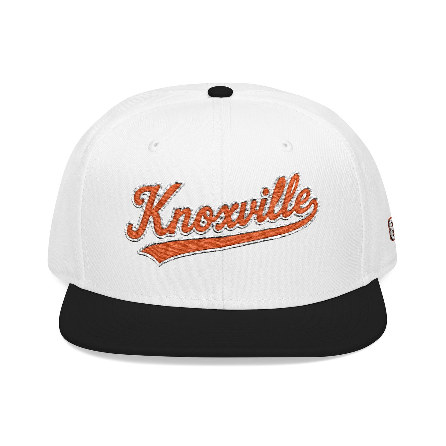 White and black cap with 'Knoxville' in orange on a white background