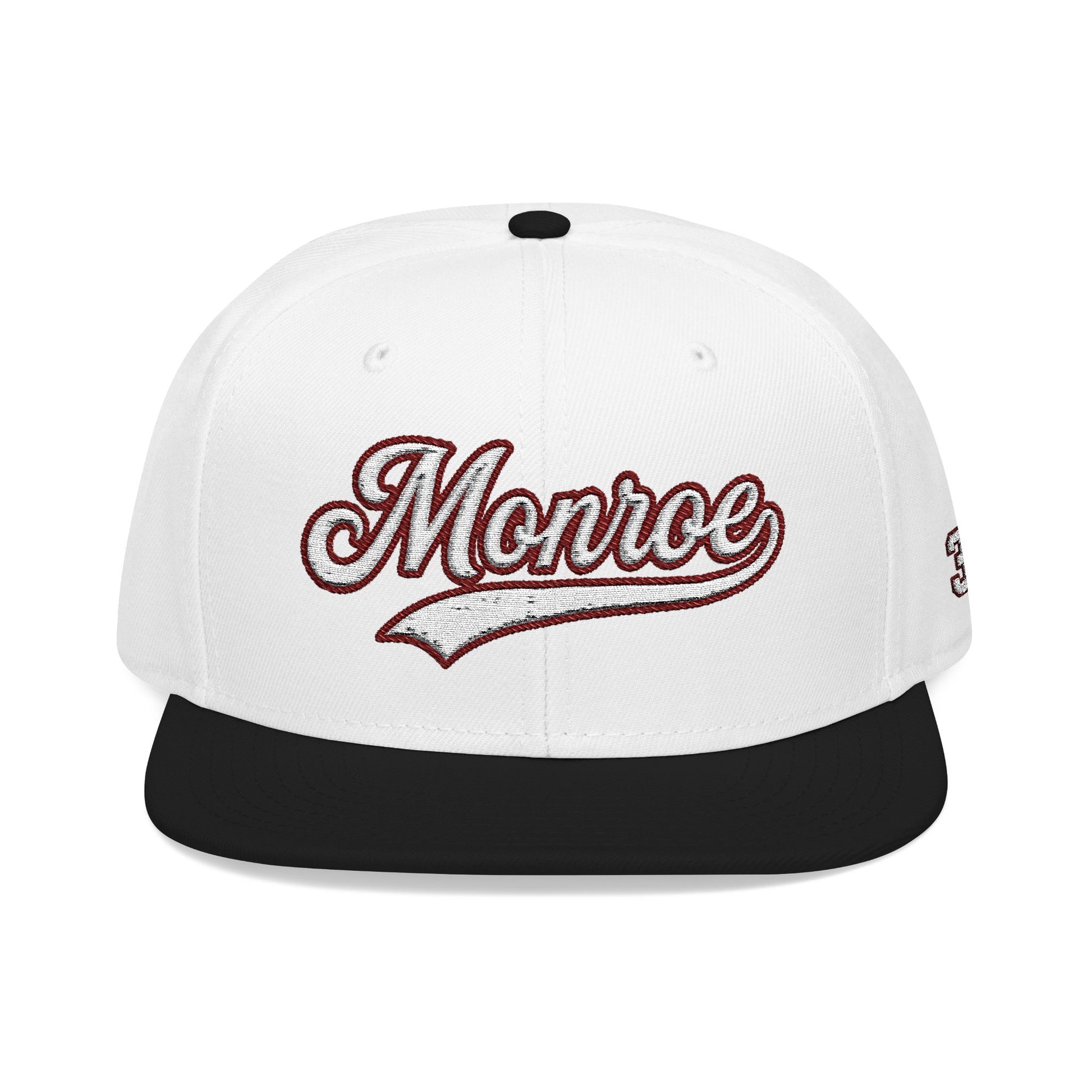 Monroe white script embroidered snapback hat with 318 side stitch – 318 Supply Co.