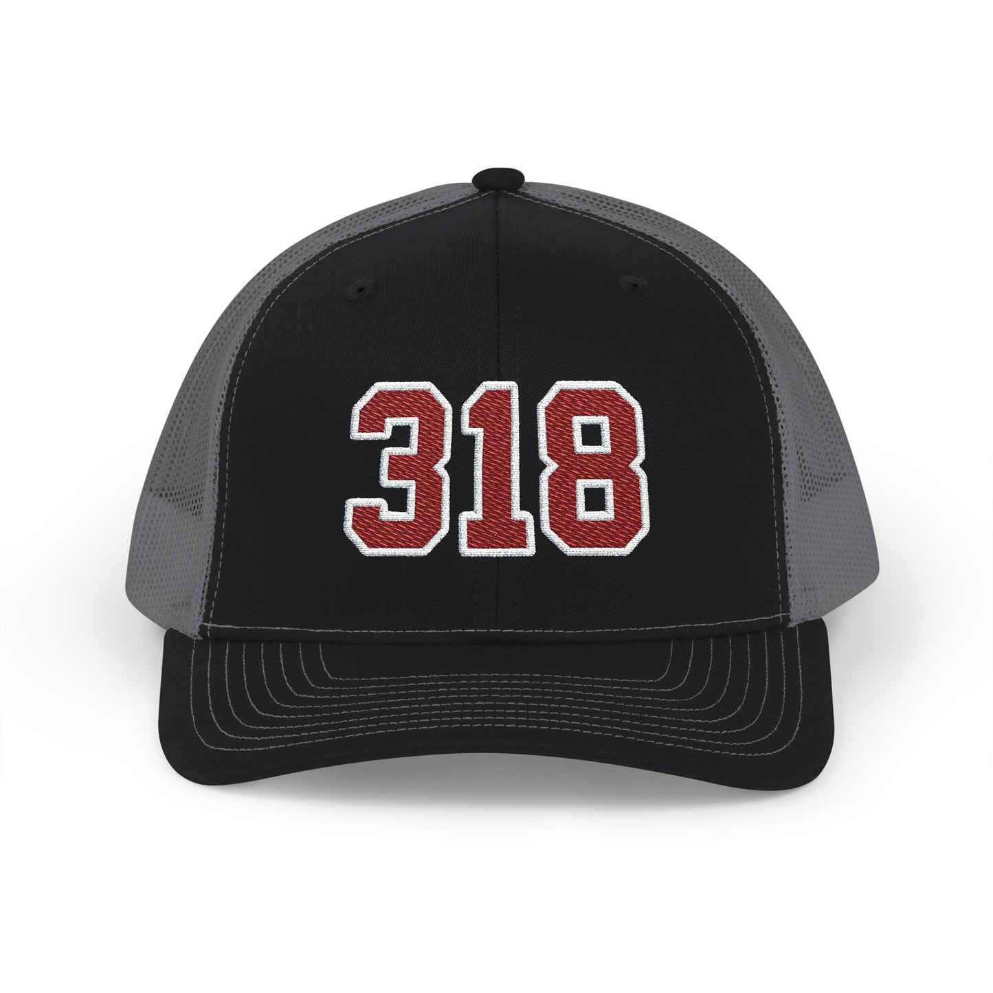 Black and gray trucker cap with '318' in maroon and white on a white background