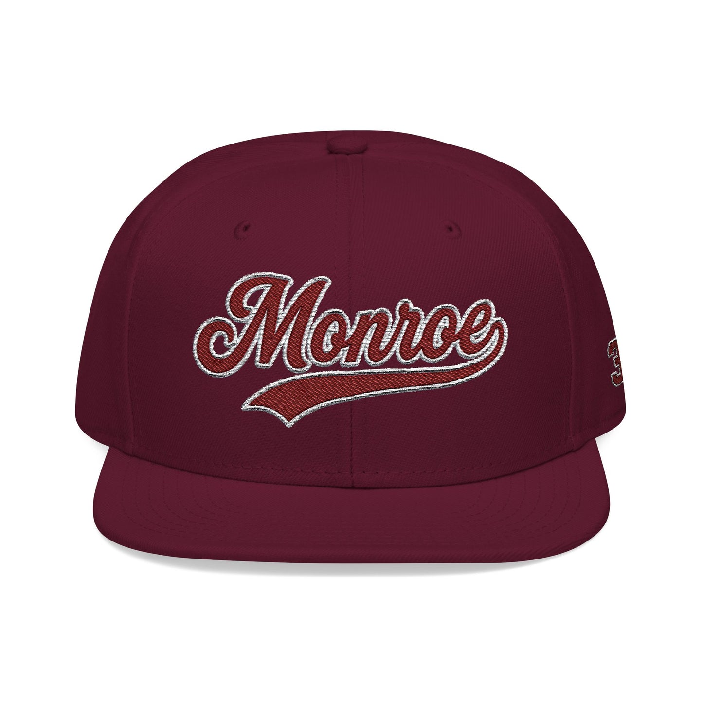 Embroidered Snapback Cap — 'Munroe' Maroon Script with 318 Side Stitch