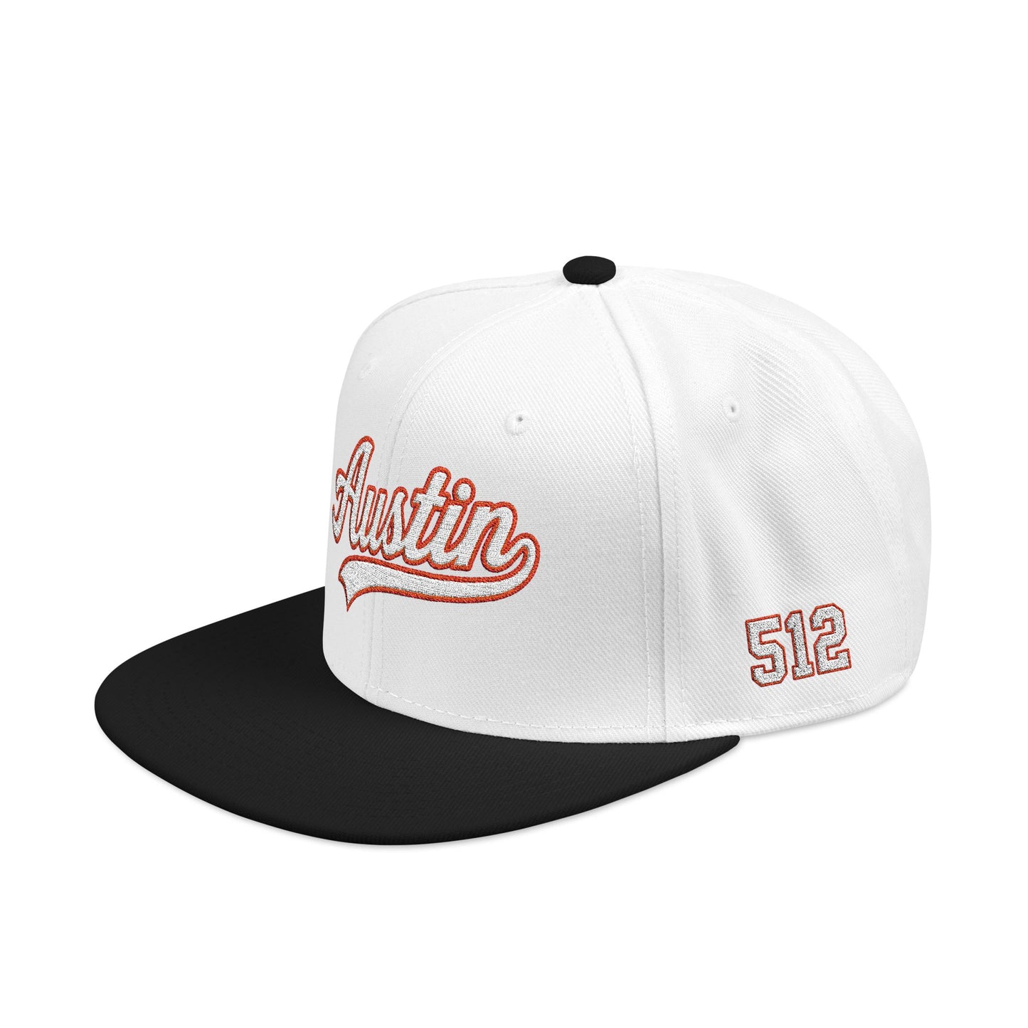 Austin white script embroidered snapback hat with 512 side stitch – 318 Supply Co.