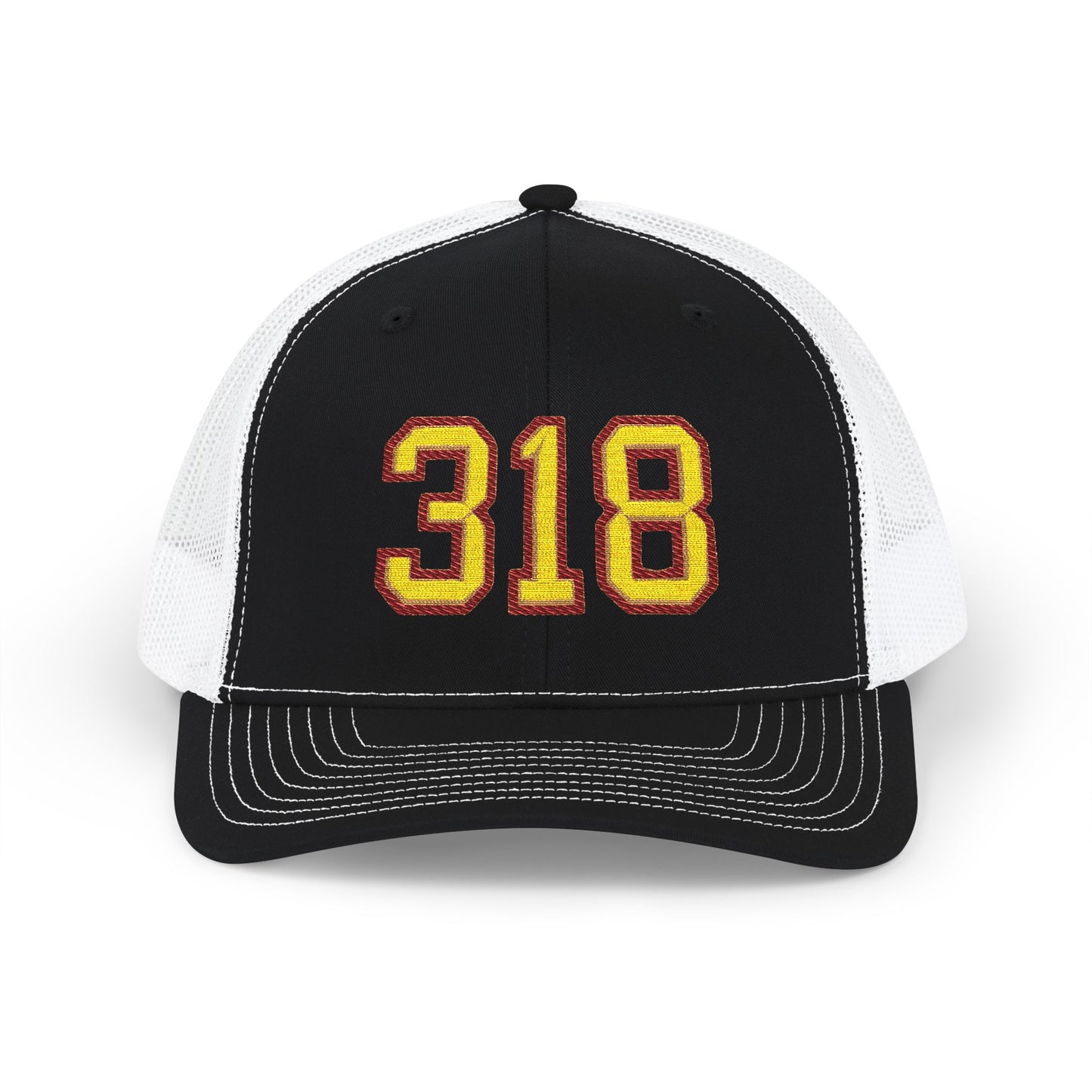 Black and white cap with '318' in yellow and maroon on a white background