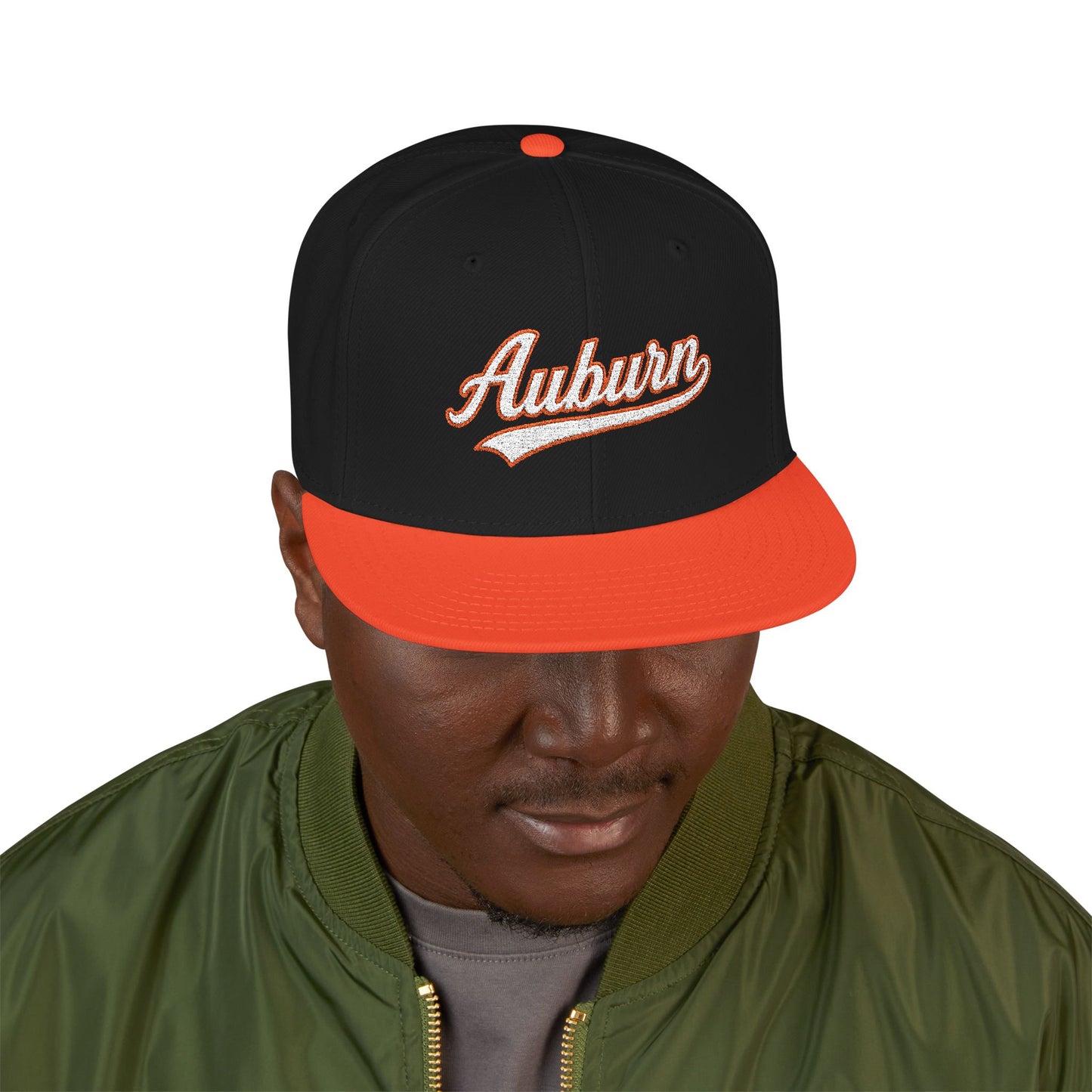 Auburn white script embroidered snapback hat with 334 side stitch – 318 Supply Co.