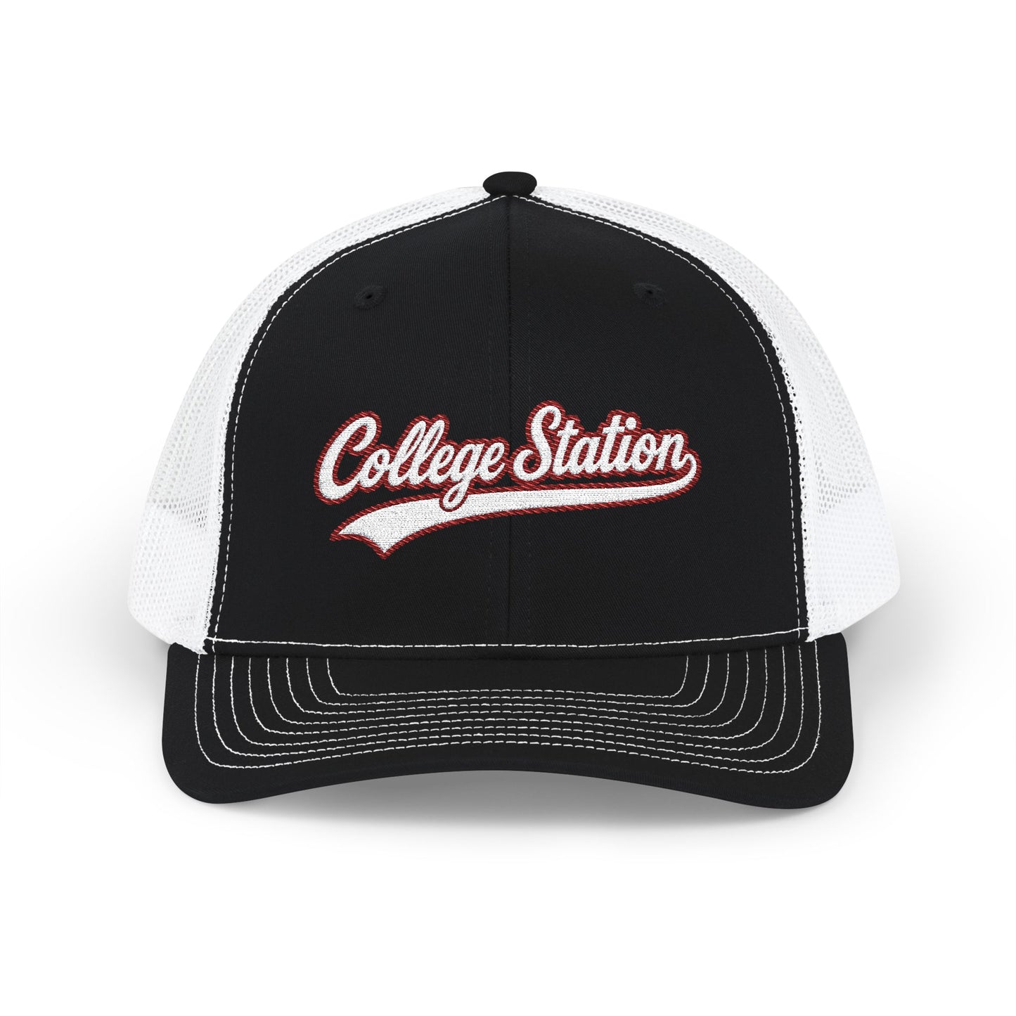 College Station white script retro embroidered trucker cap – 318 Supply Co.