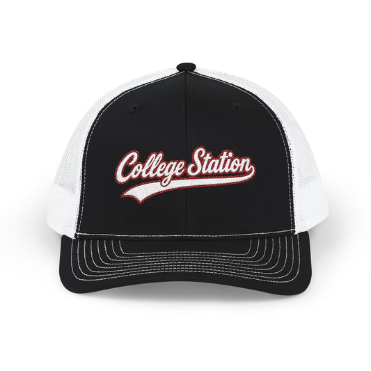 College Station white script retro embroidered trucker cap – 318 Supply Co.