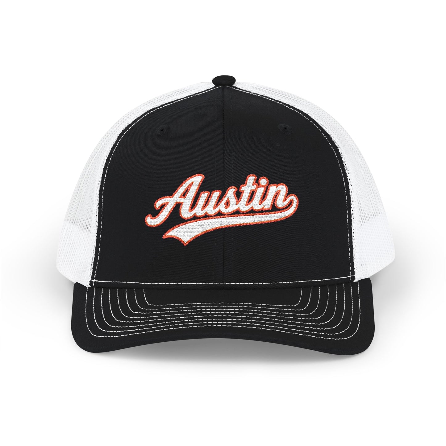 Austin white script retro embroidered trucker cap – 318 Supply Co.