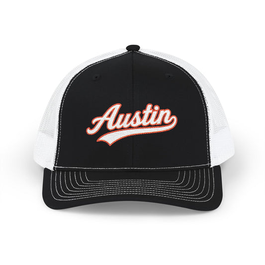 Austin white script retro embroidered trucker cap – 318 Supply Co.