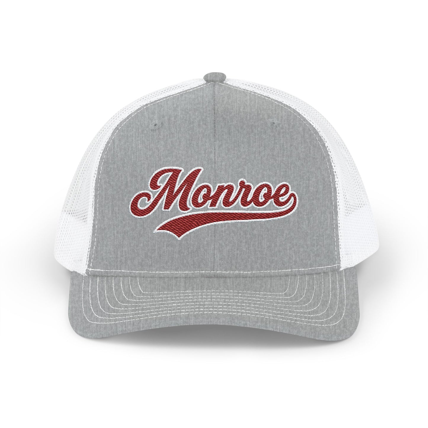Monroe Maroon Script Trucker Cap — Retro Embroidered Snapback Hat