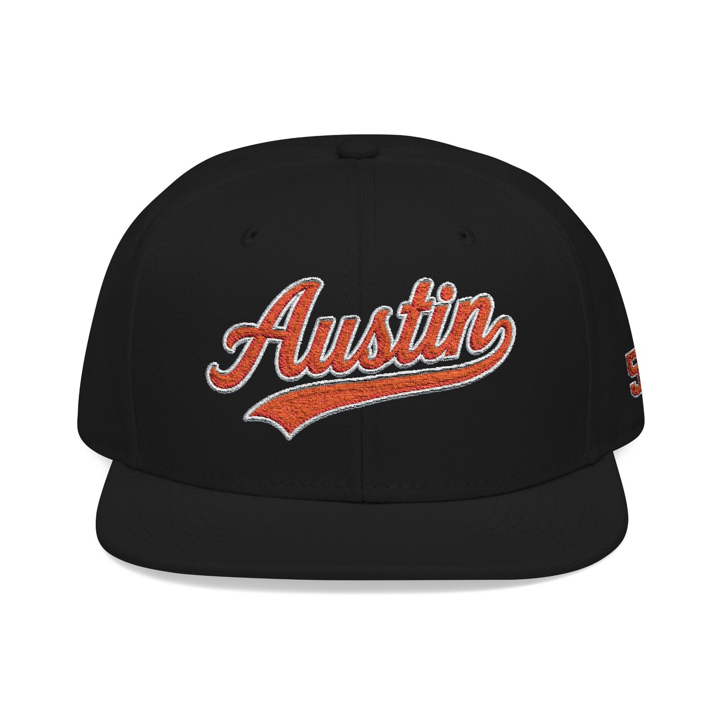 Embroidered Snapback Cap — 'Austin' Orange Script with 512 Side Stitch