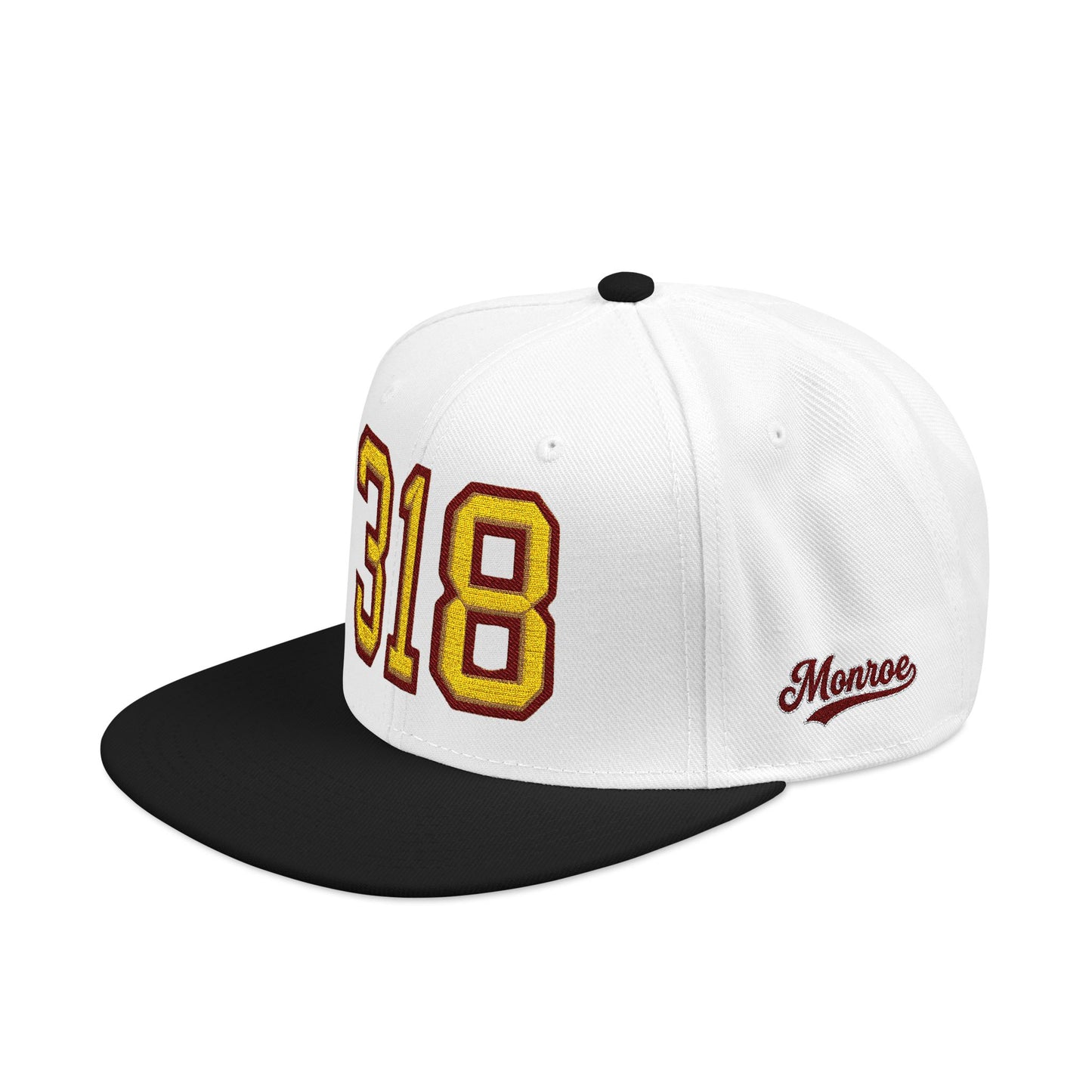 White and black cap with '318' in gold and 'Monroe' in maroon on a white background