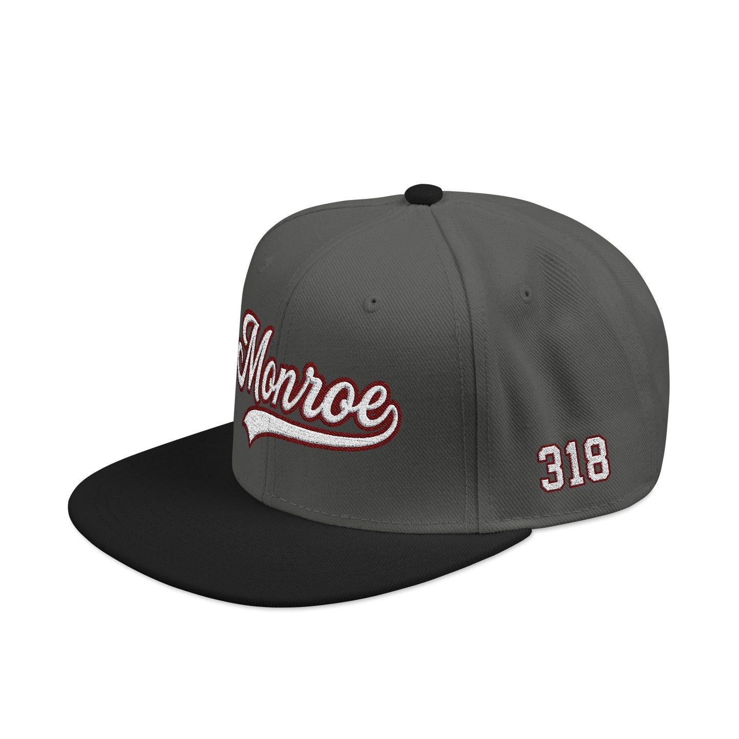 Monroe white script embroidered snapback hat with 318 side stitch – 318 Supply Co.
