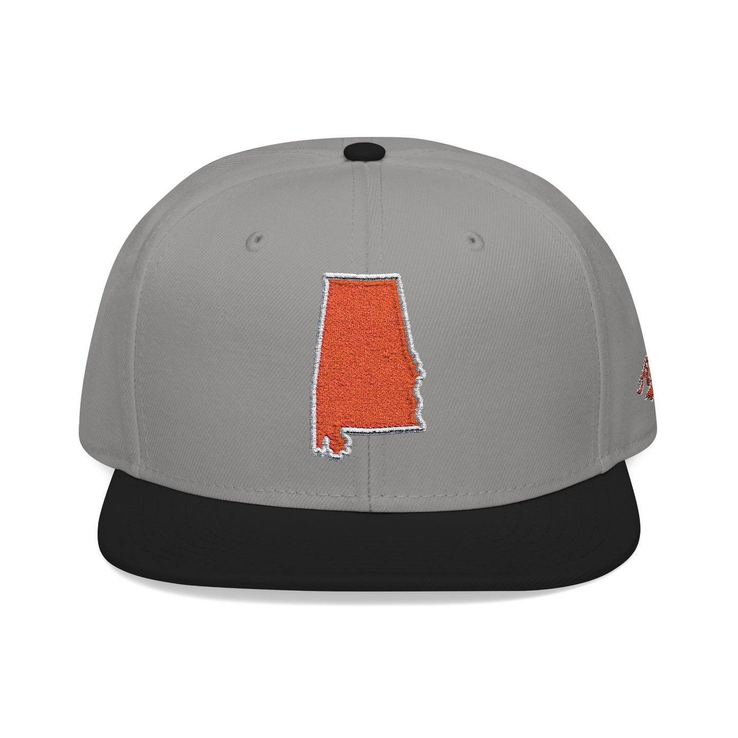 Gray cap with black brim and orange Alabama outline on a white background