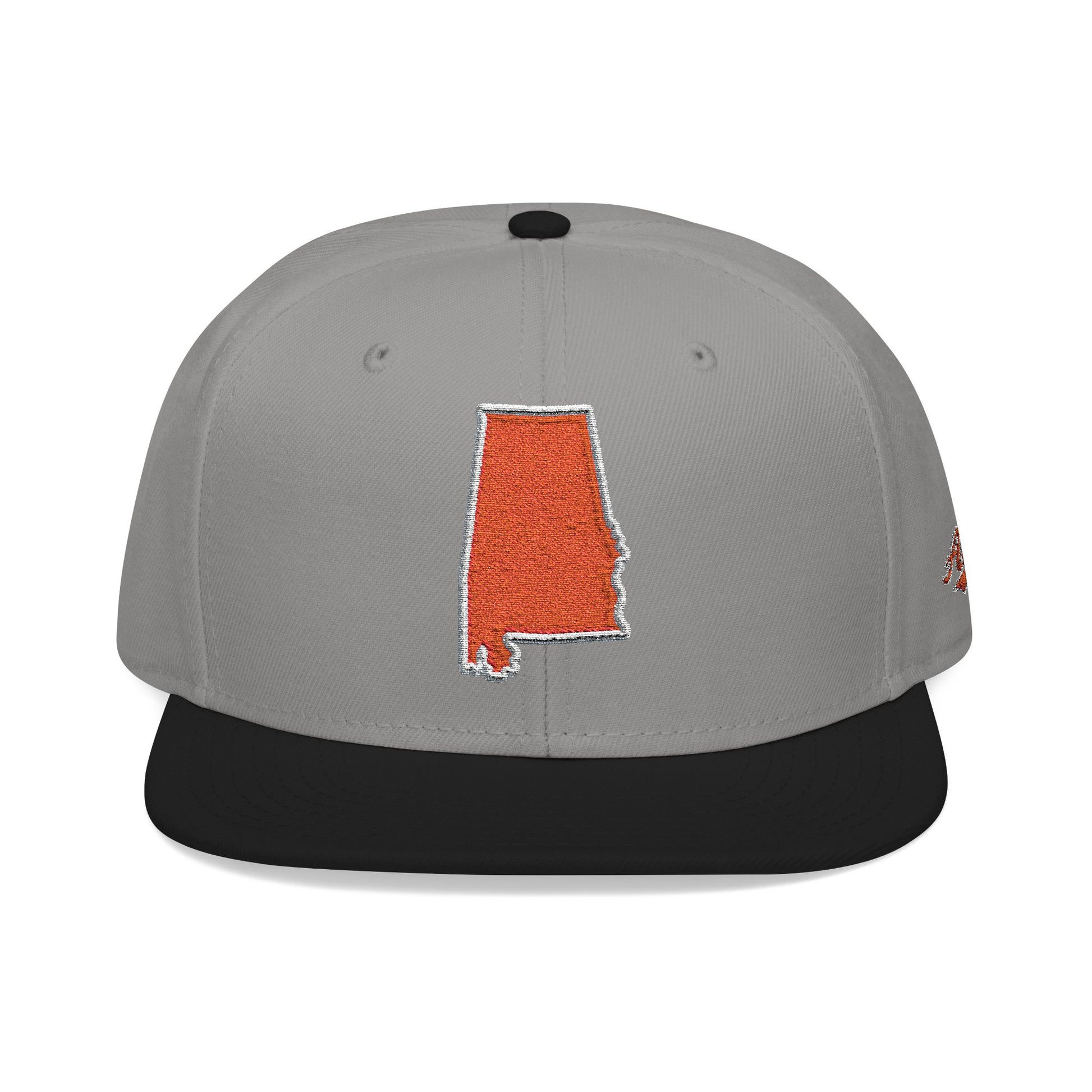 Gray cap with black brim and orange Alabama outline on a white background