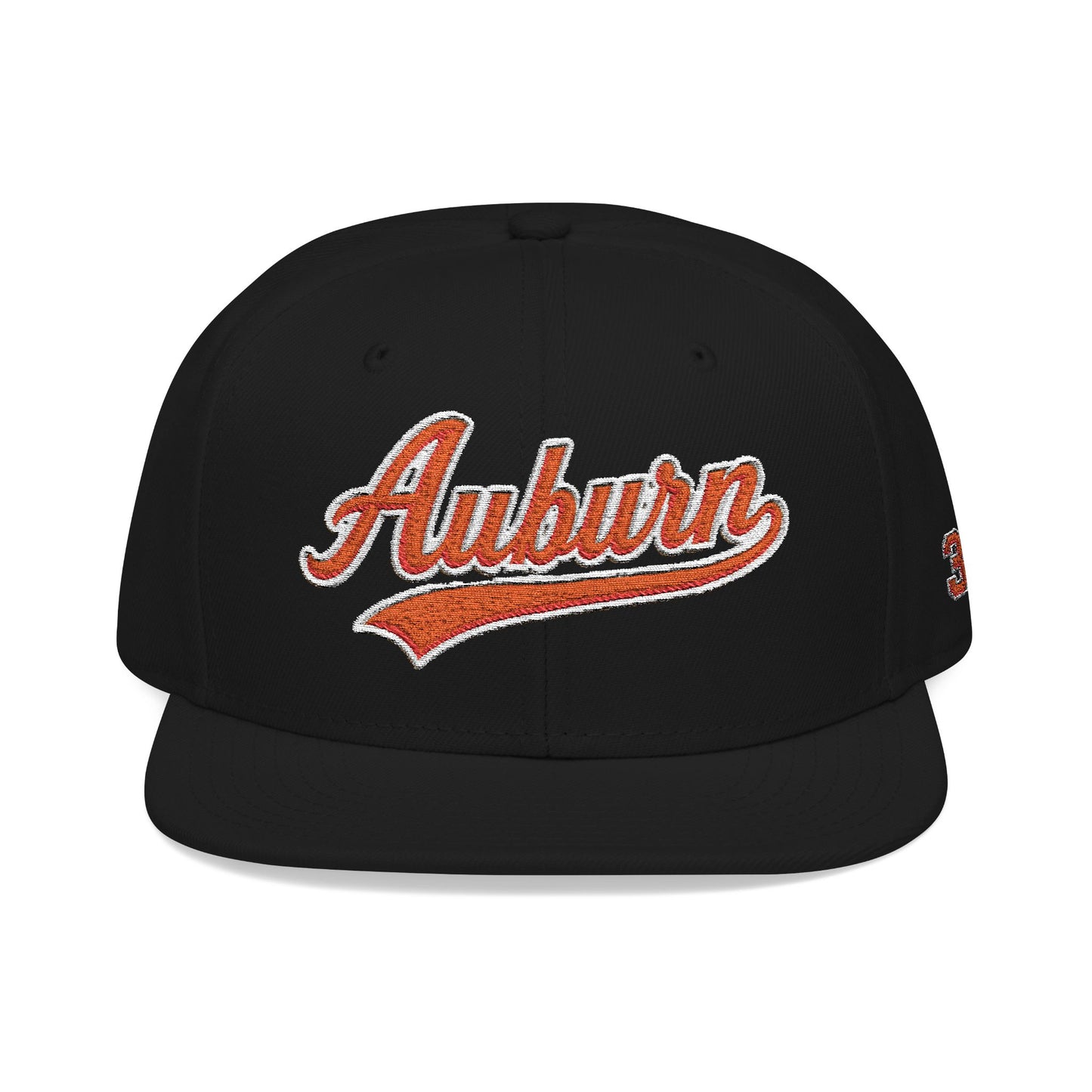 Black cap with 'Auburn' embroidered in orange and white on a white background