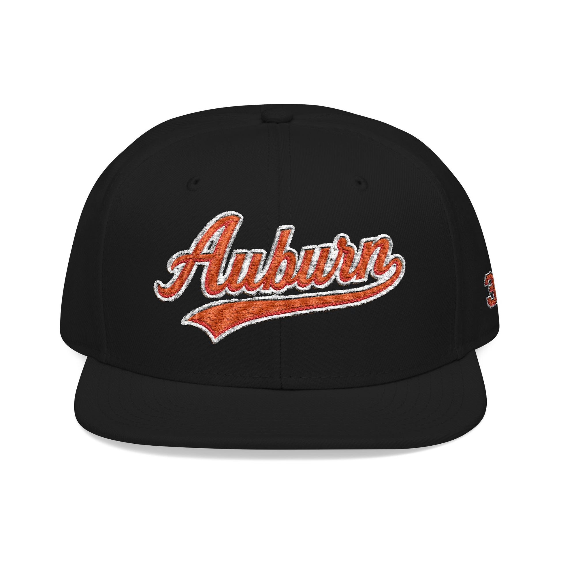Black cap with 'Auburn' embroidered in orange and white on a white background