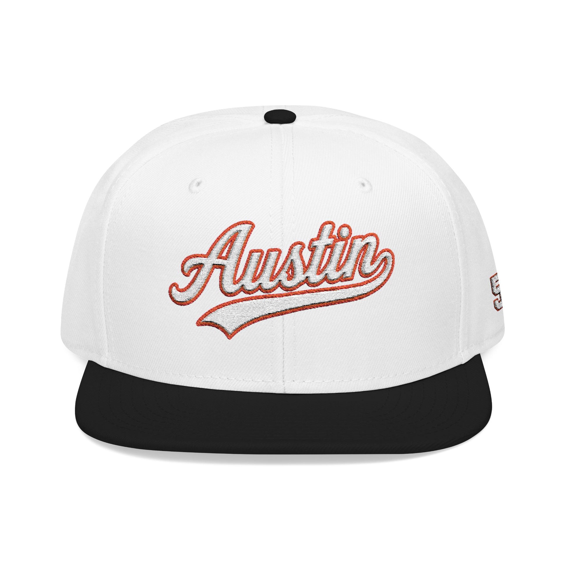 Austin white script embroidered snapback hat with 512 side stitch – 318 Supply Co.
