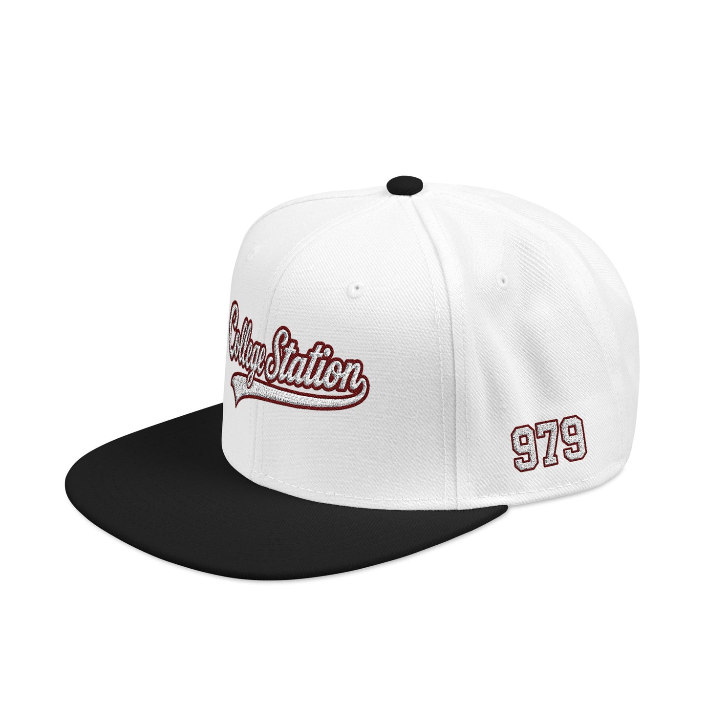 College Station white script embroidered snapback hat with 979 side stitch – 318 Supply Co.