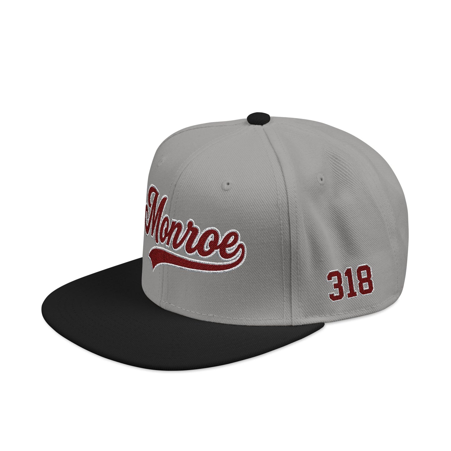 Embroidered Snapback Cap — 'Munroe' Maroon Script with 318 Side Stitch