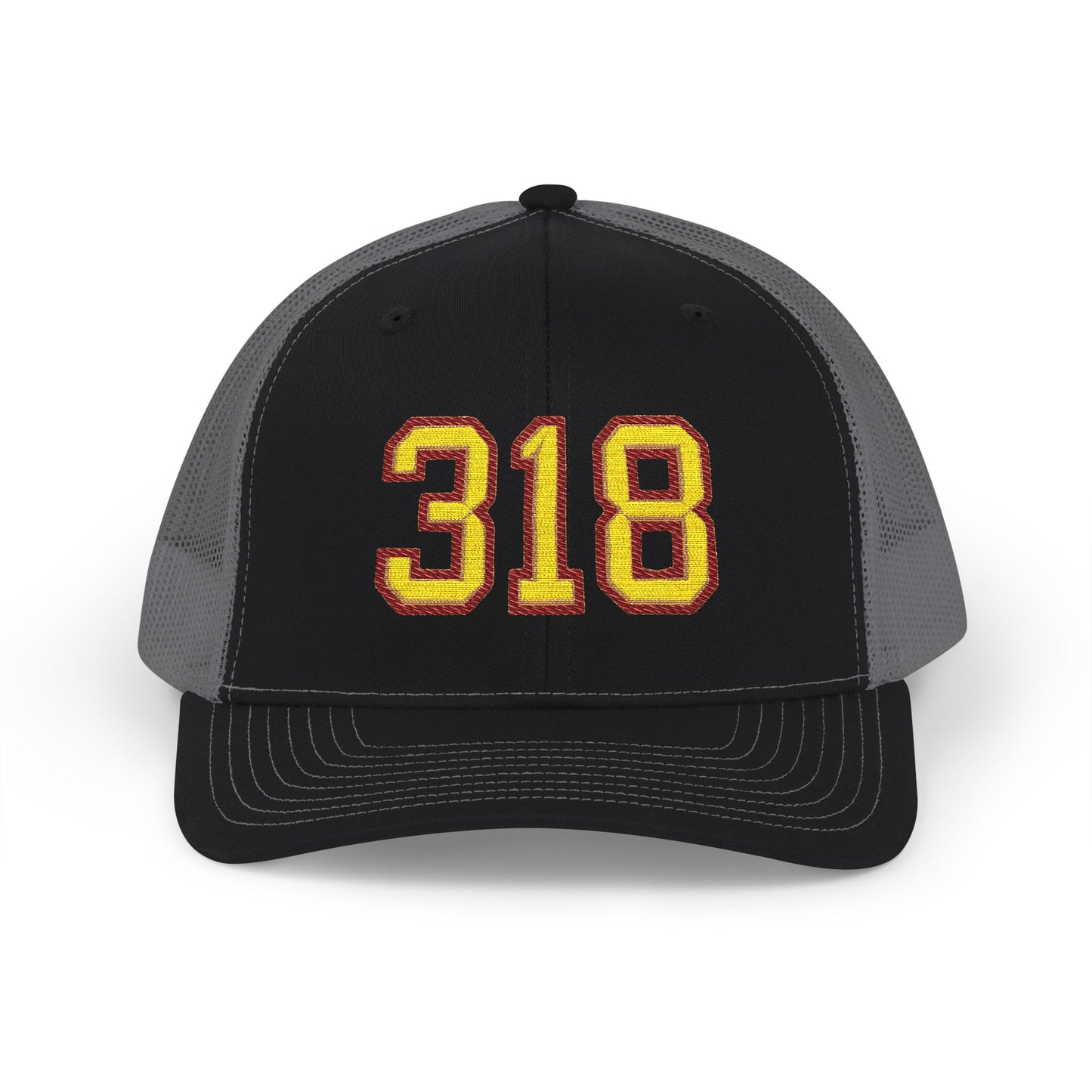 Black and gray cap with '318' in yellow and maroon on a white background